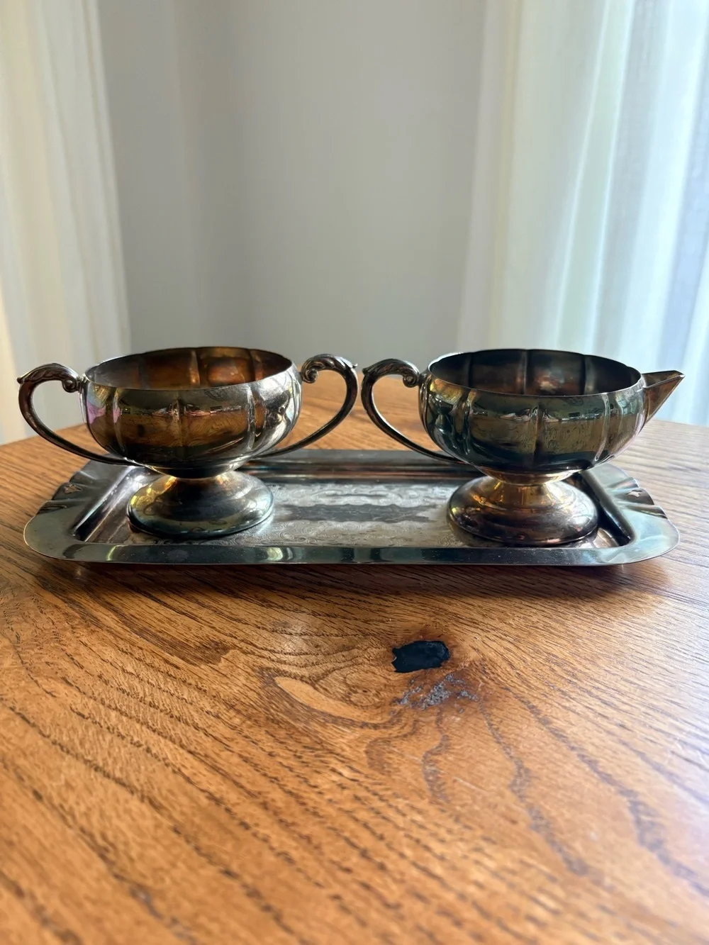 Viking Plate from Canada tray, Elegance EP Brass sugar & creamer